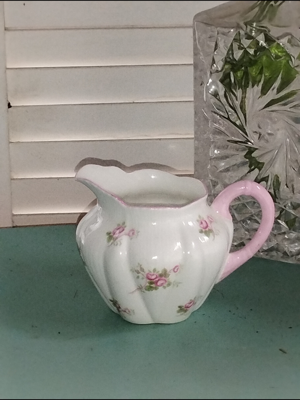 Vintage Shelley Bone China Creamer Pitcher in White and Pink Bridal Rose.